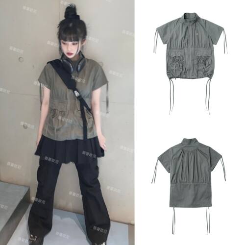 日系抽绳宽松工装衬衫短袖薄外套
