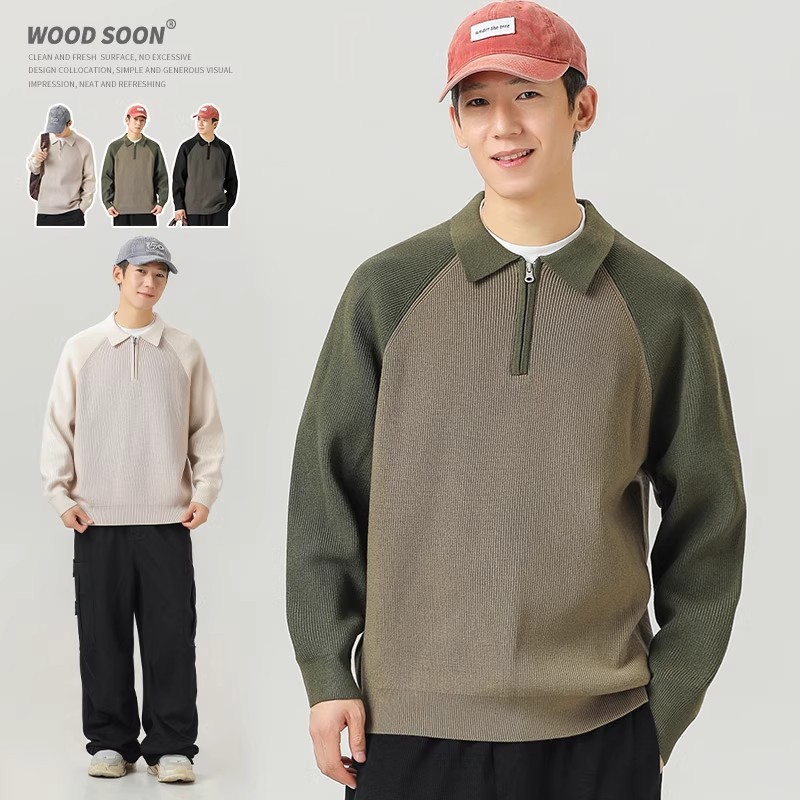 石狮市浪印户外色拼接翻领针织线衣男士休闲插肩袖半拉链毛衣卫衣