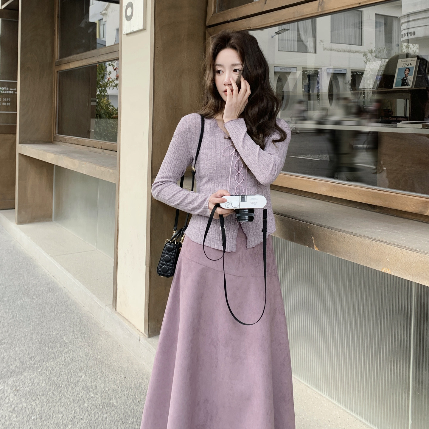 紫色高级感时尚套装女2026春季新款显瘦系带针织开衫半身裙两件套