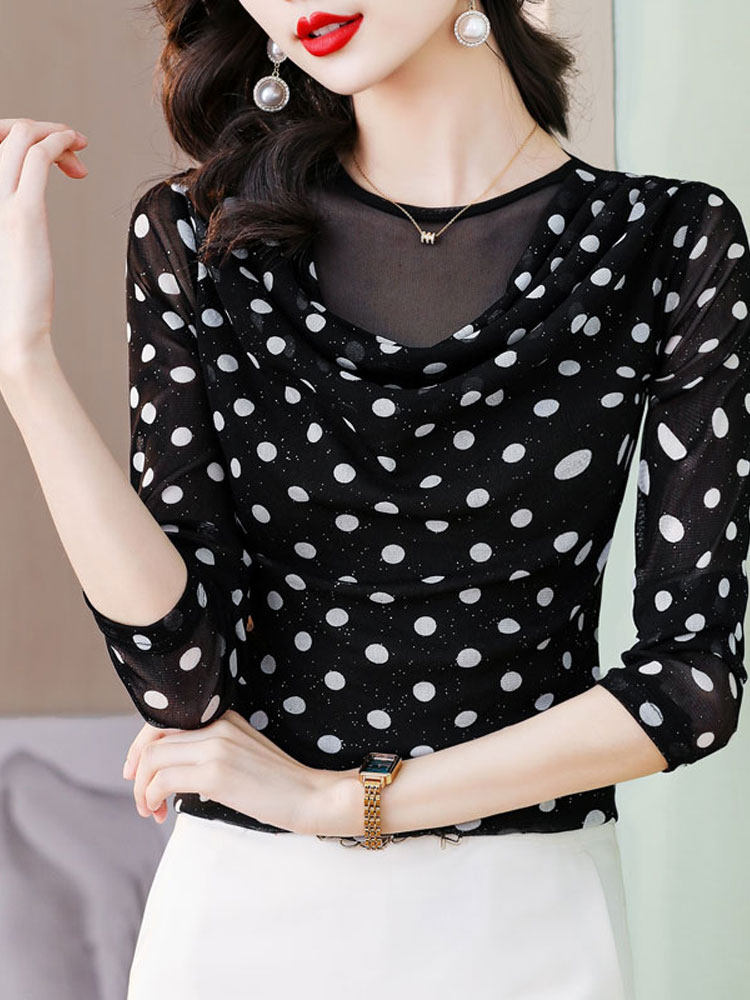 가을 겨울 슬리밍 플러스 벨벳 긴팔 티셔츠 엄마 패션 탑 여성용 더미 칼라 폴카 도트 메쉬 바닥 셔츠