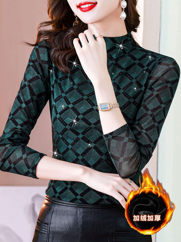 가을 겨울 여성용 고급 핫 다이아몬드 메쉬 바닥 셔츠 두꺼운 벨벳 체크 무늬 기질 긴팔 티셔츠 패셔너블 탑