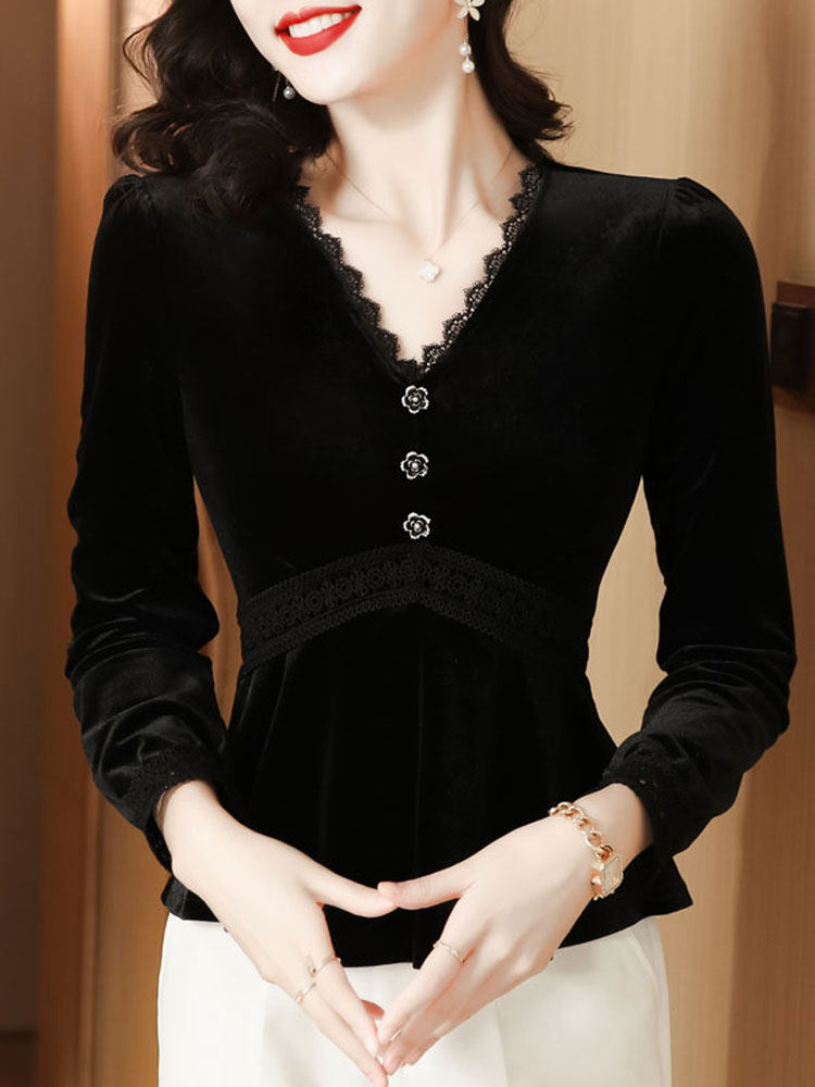 여성용 레이스 브이넥 밑단 셔츠 긴팔 가을 겨울 이너 디자인 틈새 기질이 있는 작은 셔츠 패셔너블한 골드 벨벳 탑