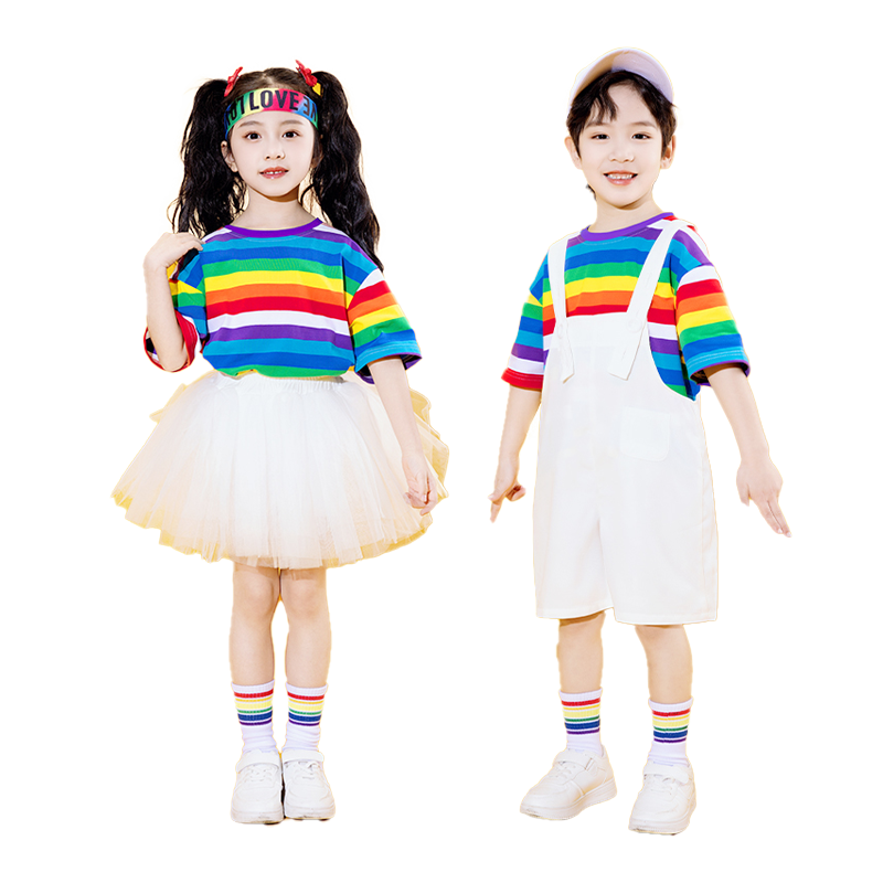 潮童彩色公主裙套装男童背带裤幼儿合唱服儿童啦啦操舞蹈表演服装