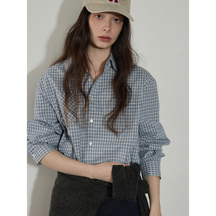 美式复古蓝色格子长袖衬衫女春秋高级感叠穿休闲百搭衬衣通勤上衣