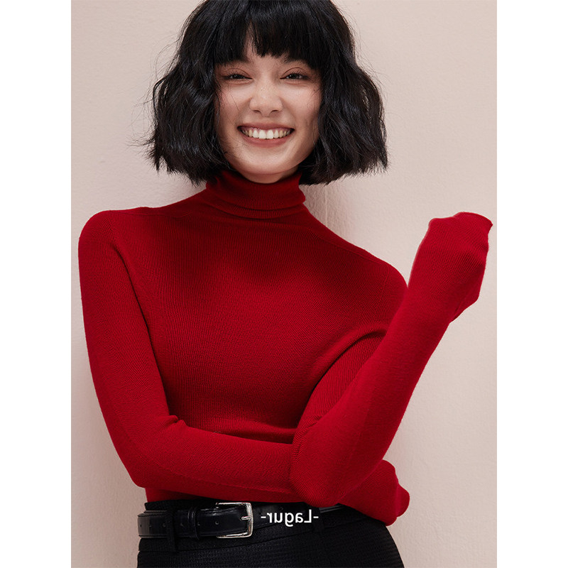 本命年红色高领内搭打底衫女秋冬高级感修身亲肤毛衣叠穿针织上衣