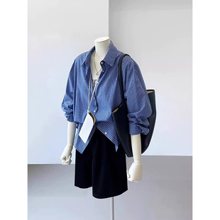 蓝色格子衬衫女春夏复古高级感慵懒休闲垂感衬衣气质通勤防晒上衣