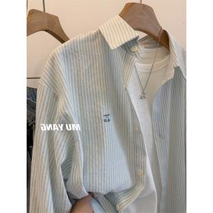 韩系休闲廓形条纹衬衫女春夏设计感宽松垂感长袖衬衣通勤防晒上衣