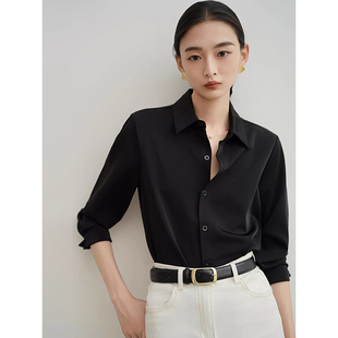 高级感黑色缎面衬衫女春秋法式复古休闲宽松垂感长袖衬衣通勤上衣