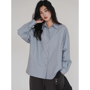 法式复古蓝色长袖衬衫女早春设计感小众休闲垂感衬衣通勤防晒上衣