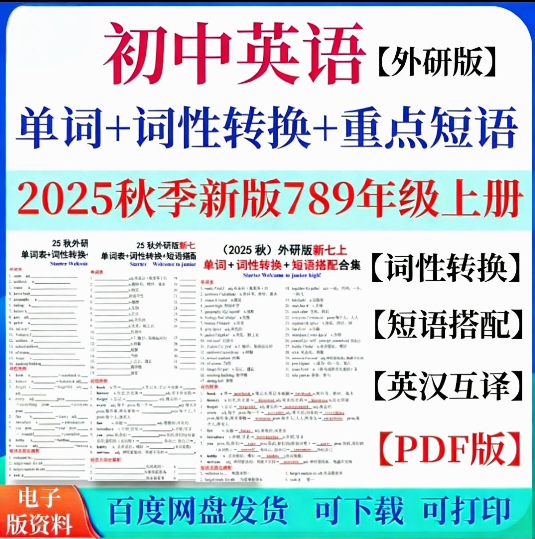 2025秋季新外研版初中英语单词+词性转换+重点短语PDF电子版