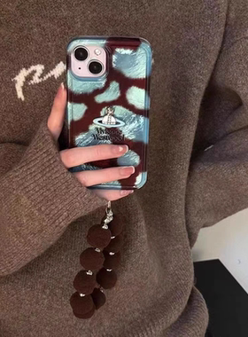 复古蓝棕豹纹适用苹果16手机壳华为mate60pro保护套新女款pura70锡纸纹小米14/opporeno12/vivox200/nova12