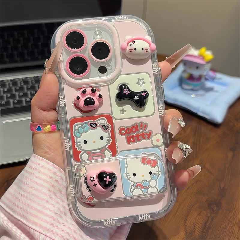 耳机猫爪KT猫适用苹果16pro手机壳iphone15保护套女款reno14镜面支架vivox200/s30羽纱小米15/红米k80/note14