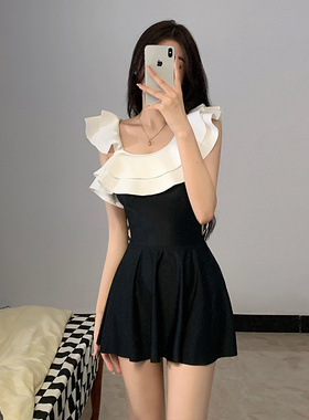 泳衣女夏连体韩国ins风荷叶边法式性感遮肚显瘦裙式温泉度假泳装