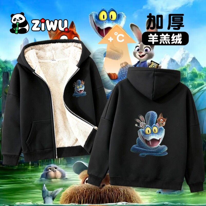 疯狂动物城联名连帽加绒外套男动漫尼克朱迪儿童保暖衣服棉衣棉服