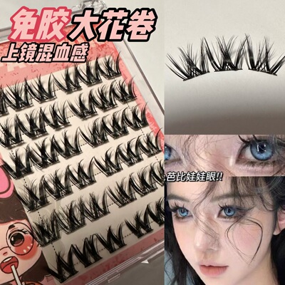 自粘免胶 W型大花卷假睫毛网红漫画浓密卷翘仿真单簇分段式新手