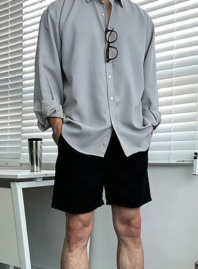 地界二韩系夏季男士宽松长袖衬衫简约休闲风百搭通勤垂感透气衬衣