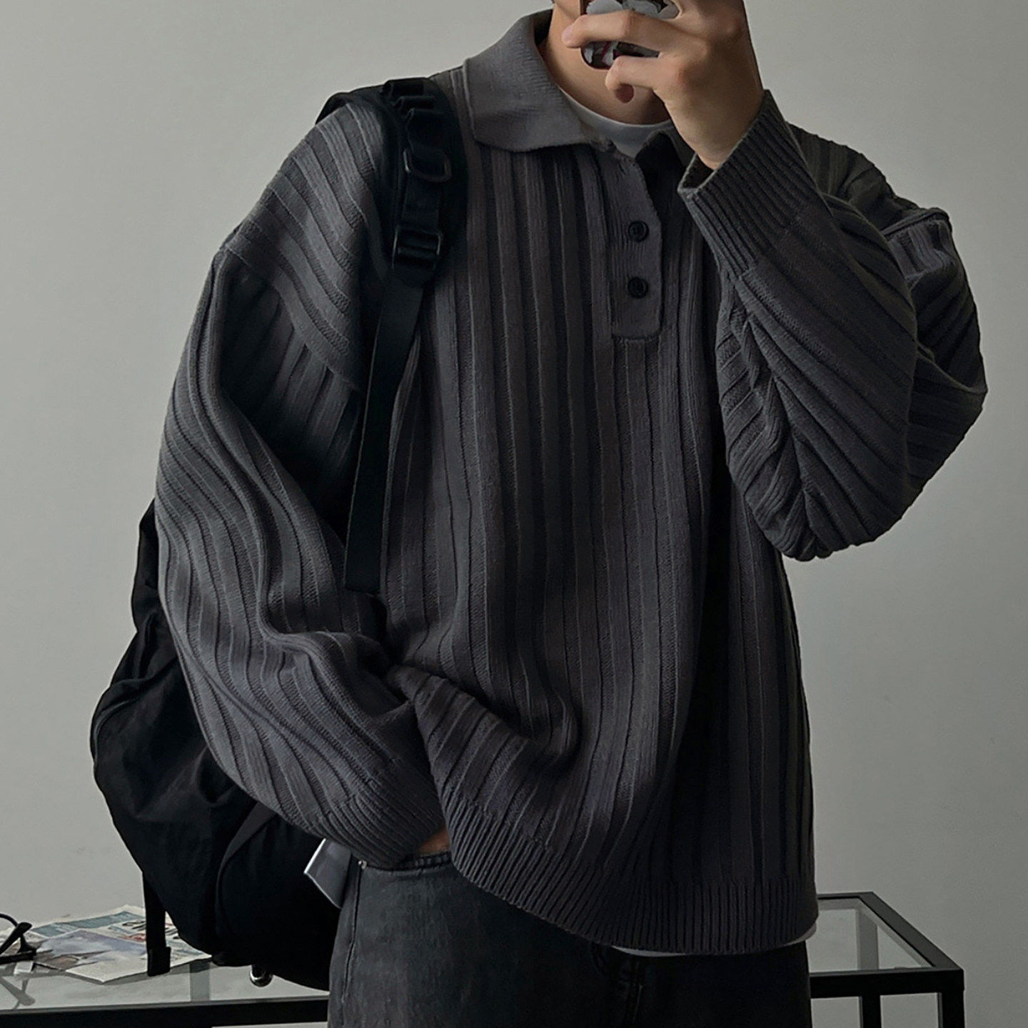 地界二慵懒风翻领针织衫宽松长袖春季毛衣青春活力韩版套头上衣男