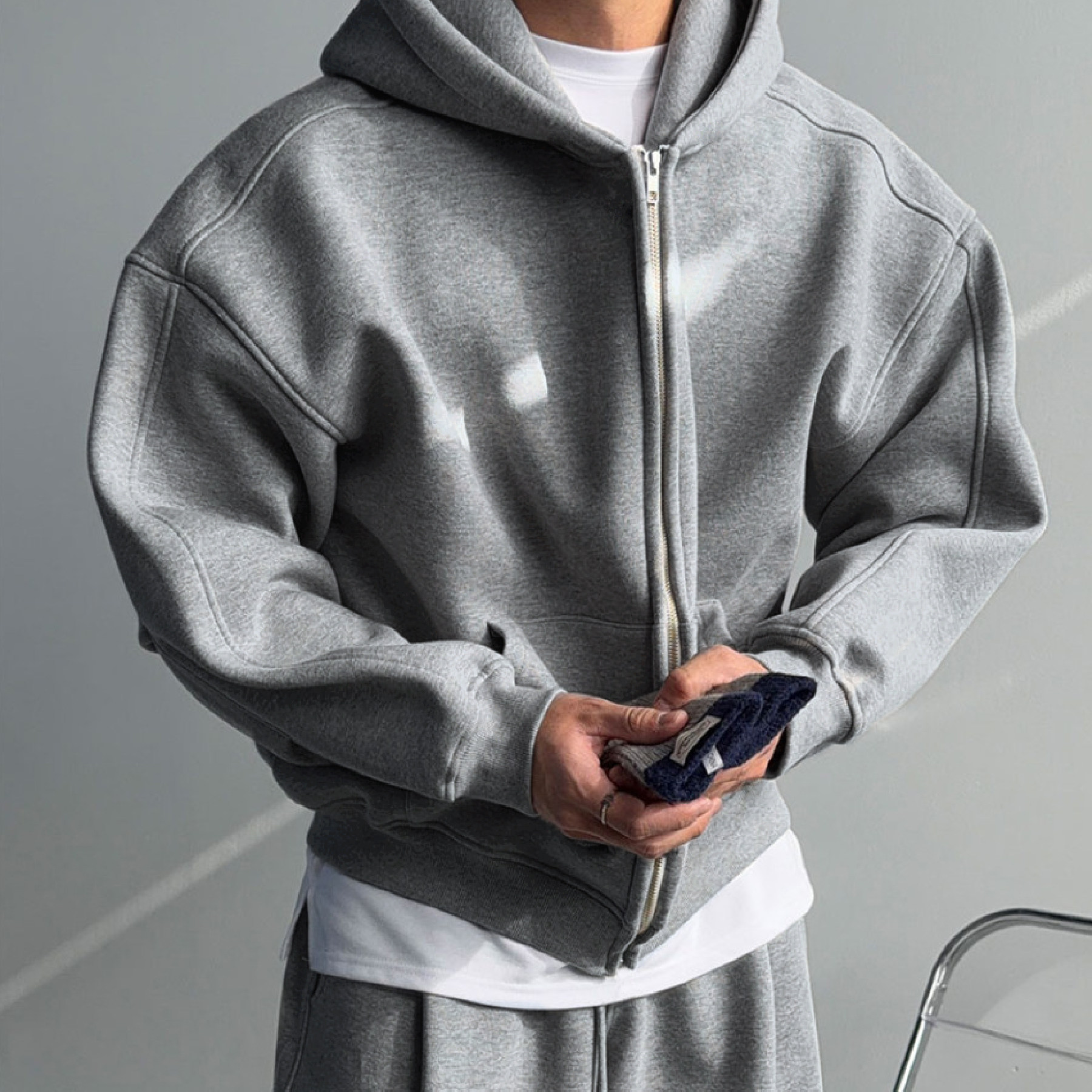 韩版春秋男士休闲慵懒风连帽卫衣宽松灰色拉链外套日常百搭上衣