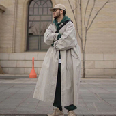 长款 地界二男士 韩版 过膝大衣宽松潮流百搭外套春秋纯色单排扣风衣