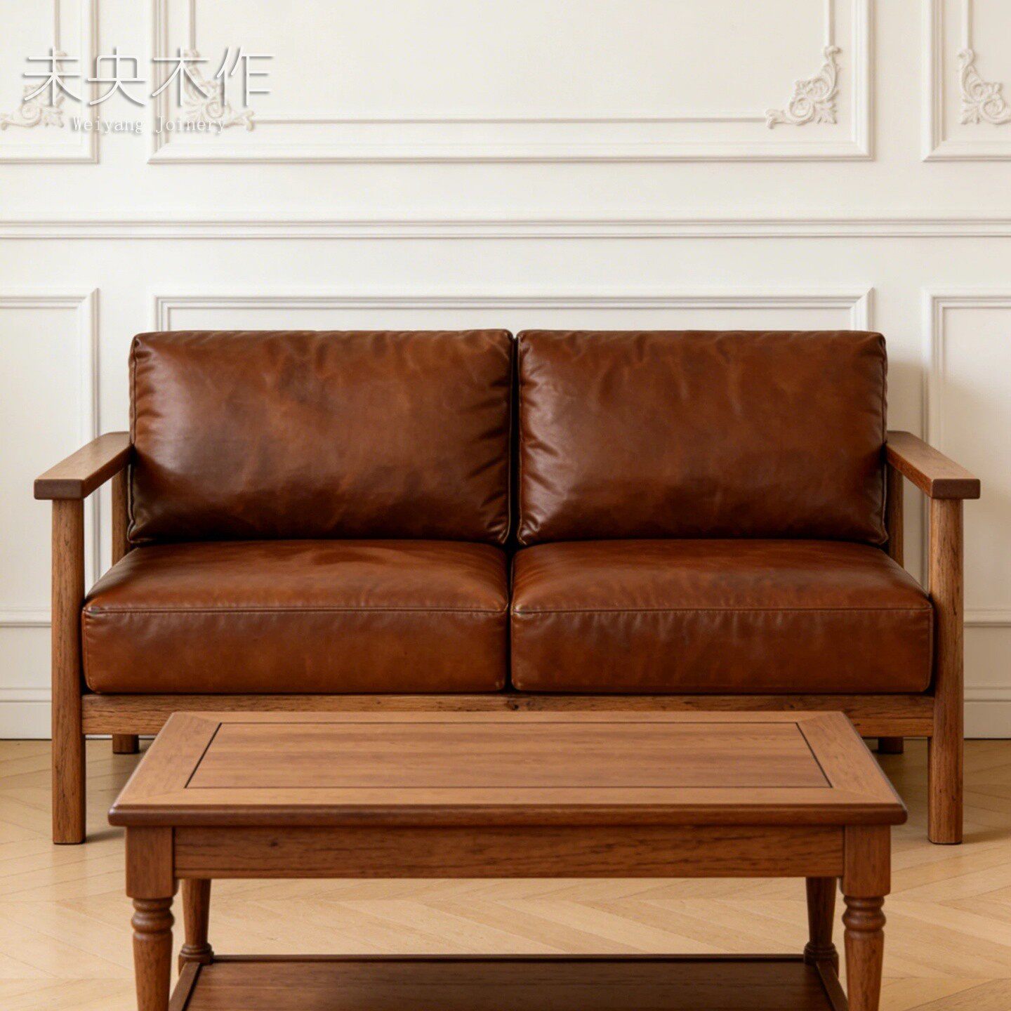 美式复古简约真皮沙发双人位客厅家具咖啡色皮质沙发实木框架休闲