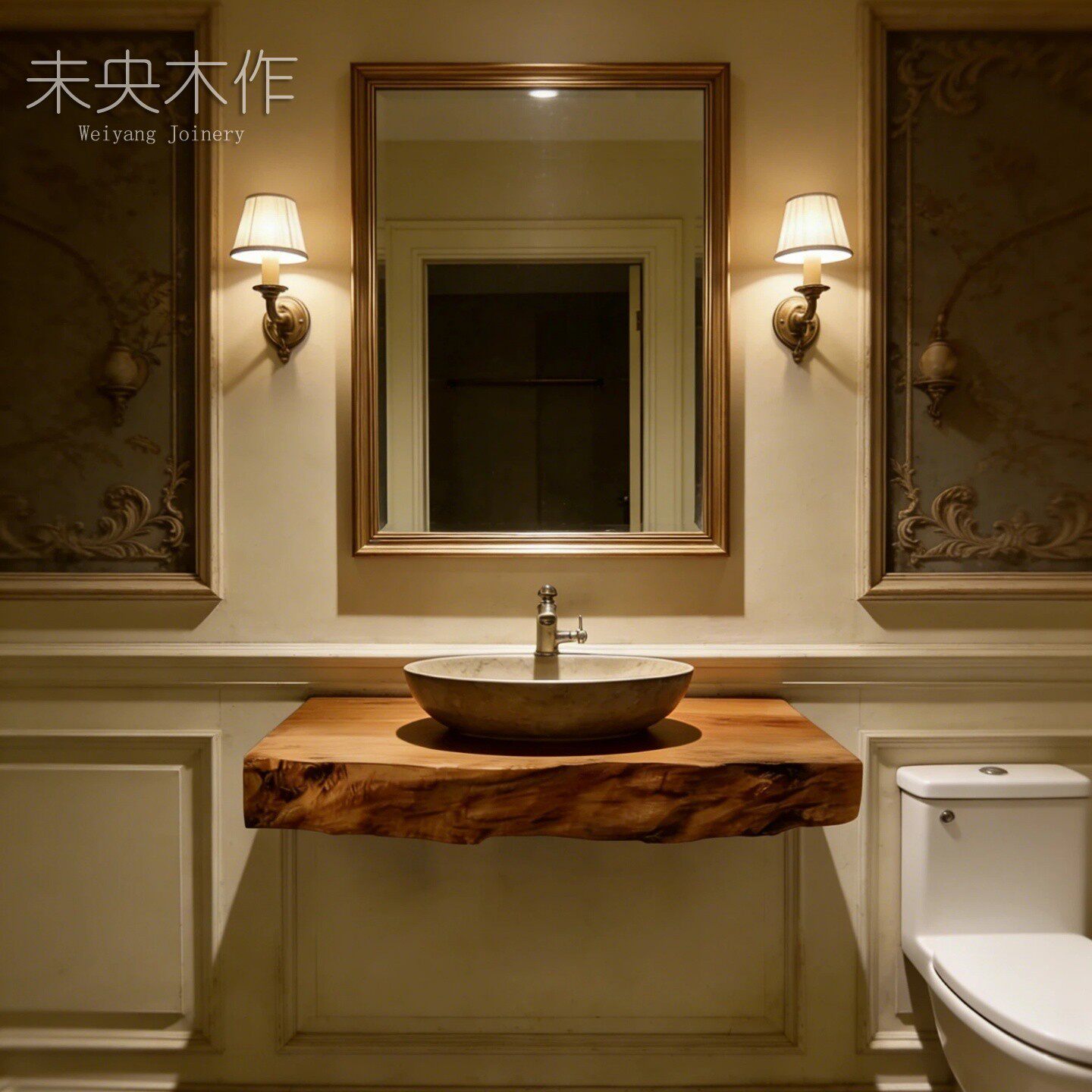 欧式复古实木洗手盆卫浴台上盆置物架简约自然风洗漱池原木台面