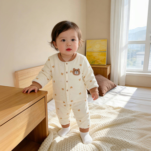 特价婴儿衣服秋冬季夹棉分体套装男女宝宝两件套纯棉棉衣高腰护肚