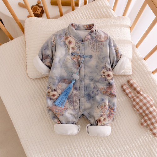 特价婴儿冬季夹棉衣服中国风连体衣女宝宝哈衣爬服过年衣服拜年服