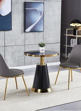 会接待所桌椅商用圆桌镀金桌子白色小不锈钢咖啡餐厅轻奢岩板餐桌
