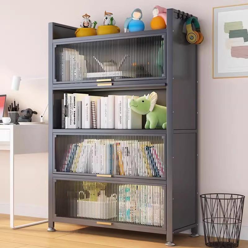家用钢制书柜多层落地儿童书架置物架防尘收纳带门客厅翻门储物柜