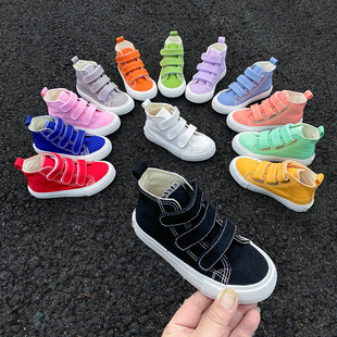 韩版 女童鞋 时尚 男女童高帮球鞋 儿童帆布鞋 魔术贴大板鞋 2024春秋款