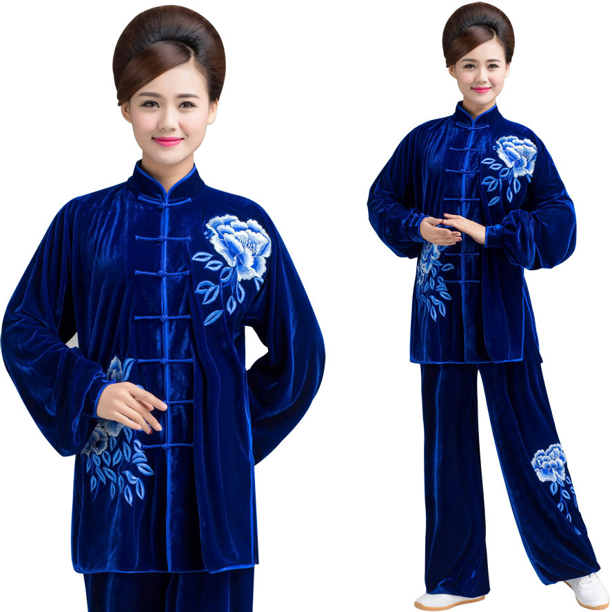 新款秋冬高档金丝绒太极服比赛服晨练宝石蓝色女太极拳演出表演服