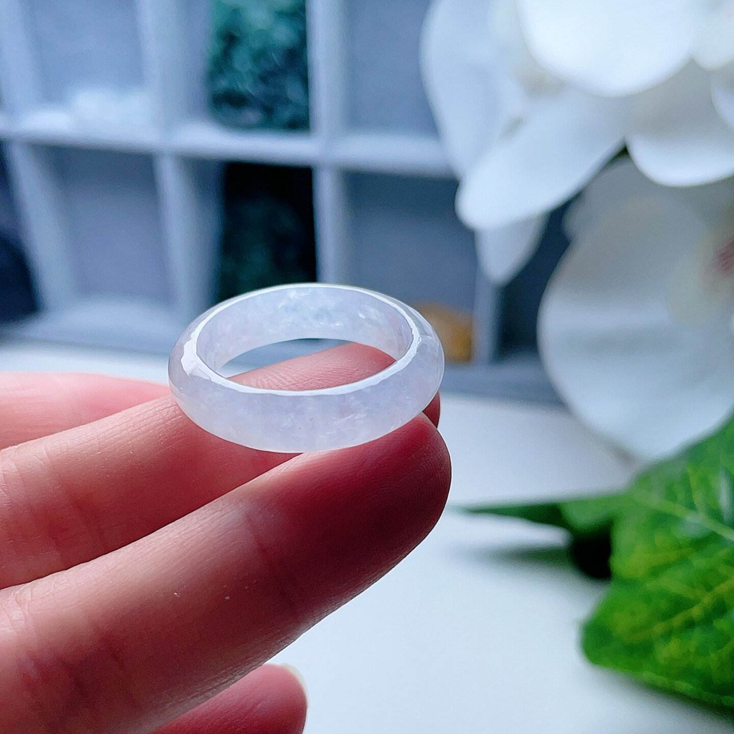 天然A货翡翠冰种戒指乳白21.1mm缅甸老坑玉指环飘雪花绵清新26#