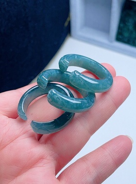 A货翡翠蓝绿幸运猫爪心形戒指31号天然老坑宽边指环飘雪花棉意境