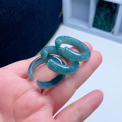 A货翡翠蓝绿幸运猫爪心形戒指31号天然老坑宽边指环飘雪花棉意境