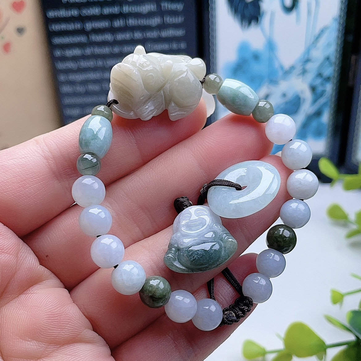 A货淡黄绿翡翠貔貅手链缅甸天然老坑手串小皮丘编织圆珠可拉伸