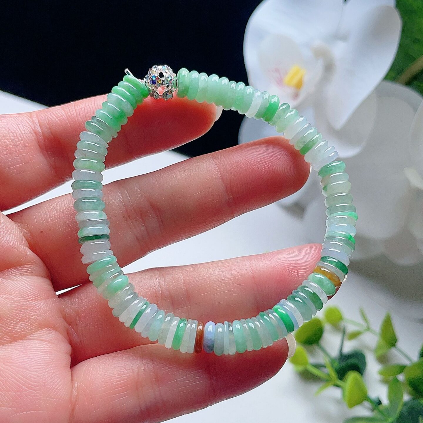 天然A货翡翠小平安扣手链乳白黄绿飘花缅甸老坑圆扣手串扁圆珠链