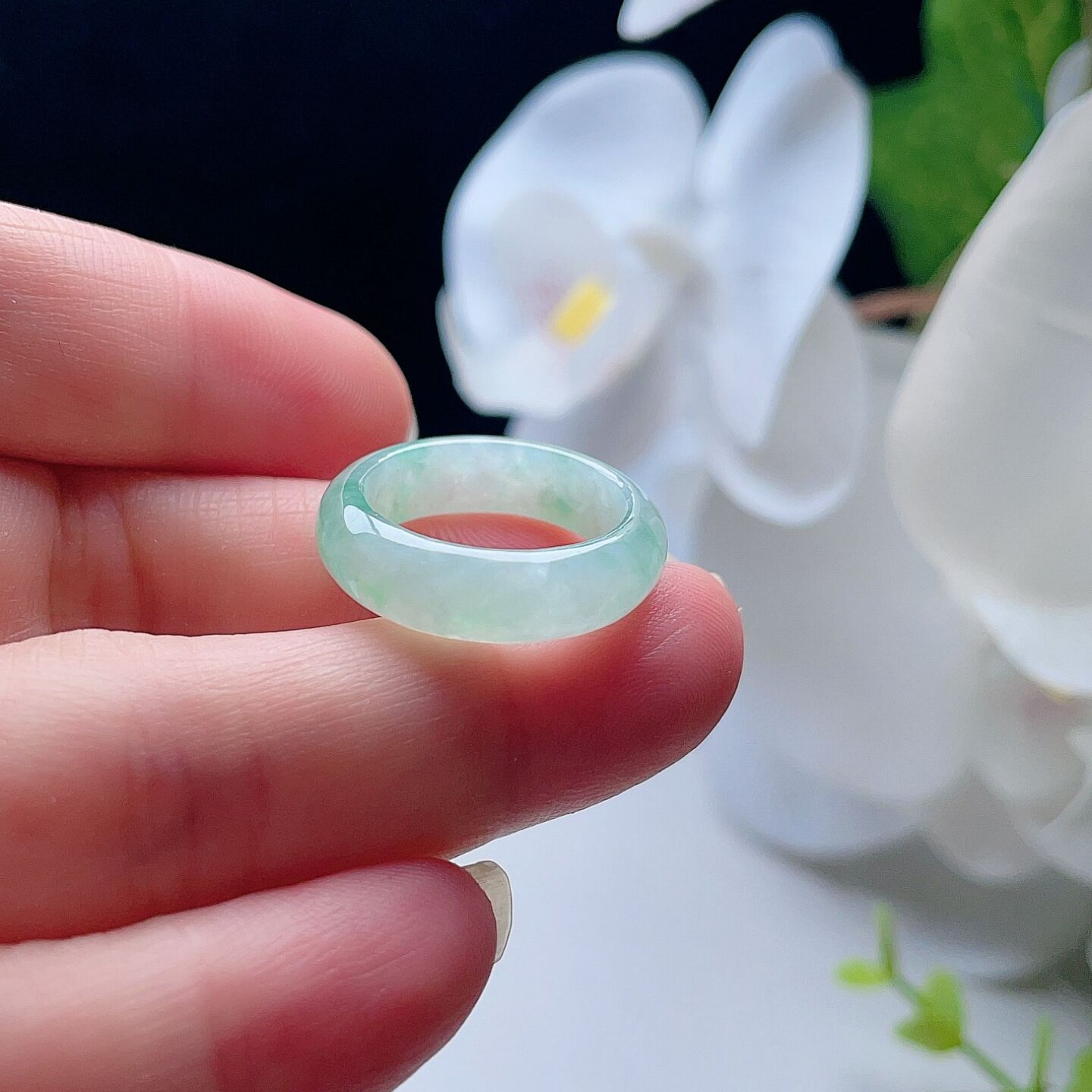 天然A货翡翠戒指乳白飘阳绿17.3mm缅甸老坑玉指环意境幸运圈15#