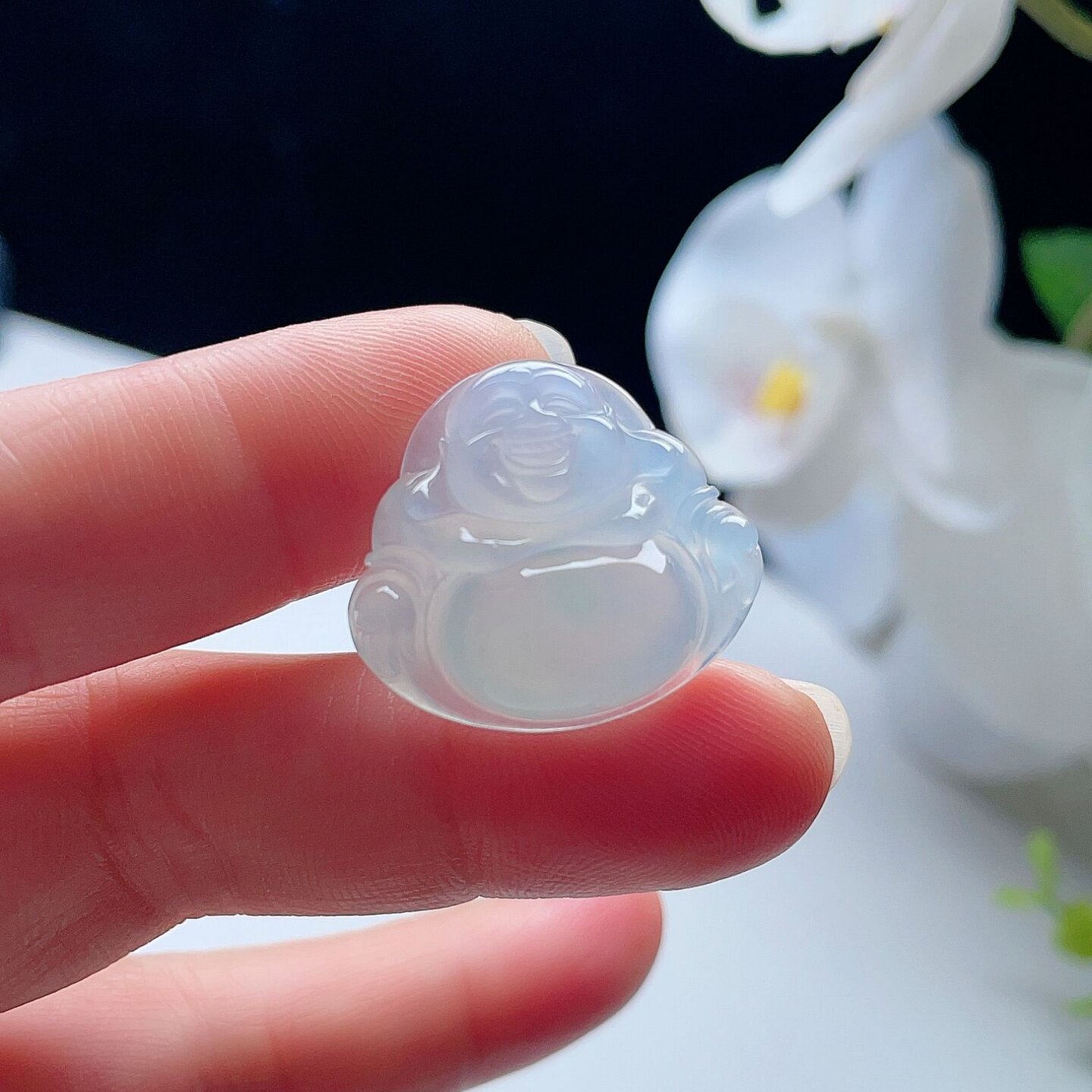 天然A货翡翠冰种弥勒佛吊坠一抹淡阳绿飘花缅甸老坑笑佛挂坠清新