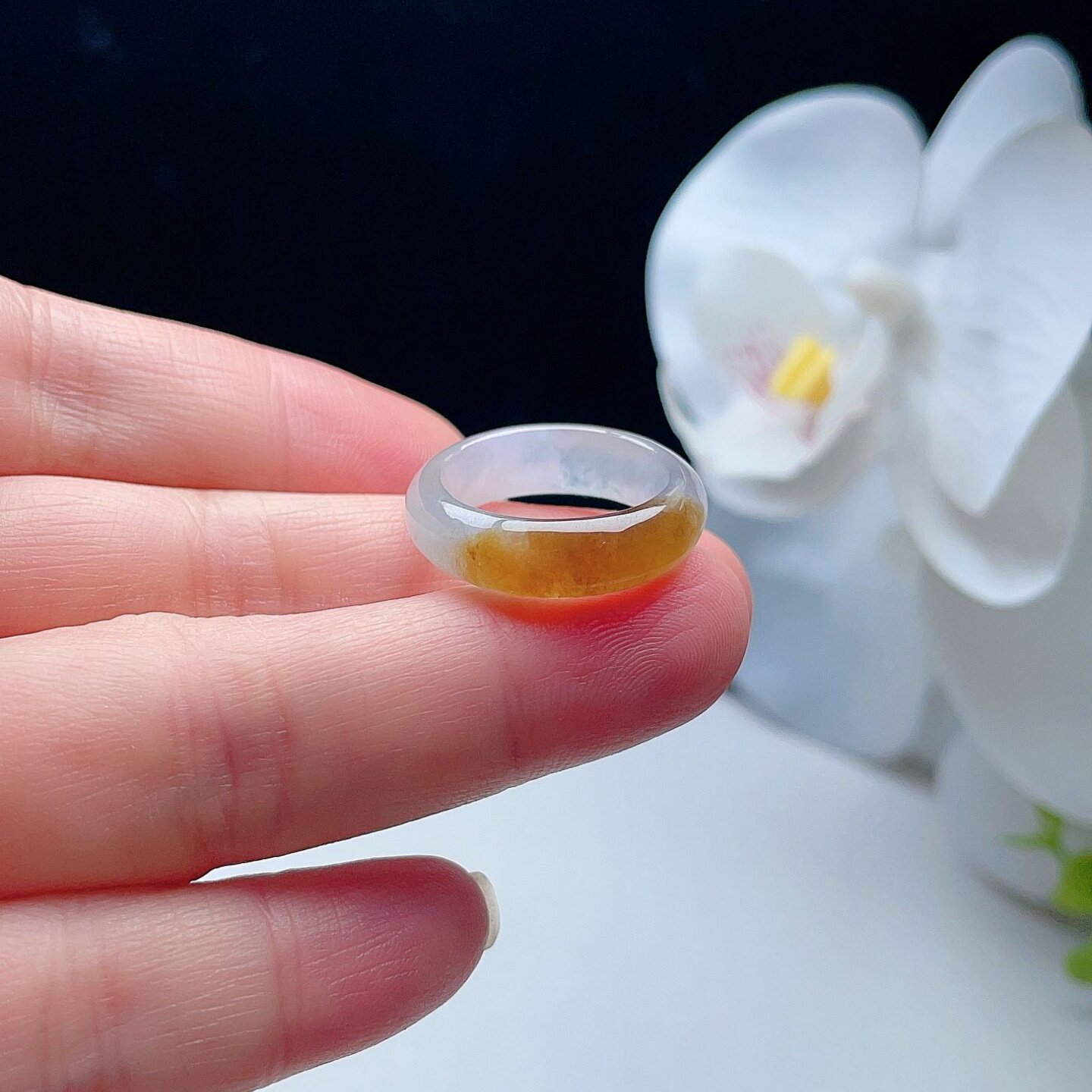 天然翡翠冰厚戒指乳白紫底鸡油黄