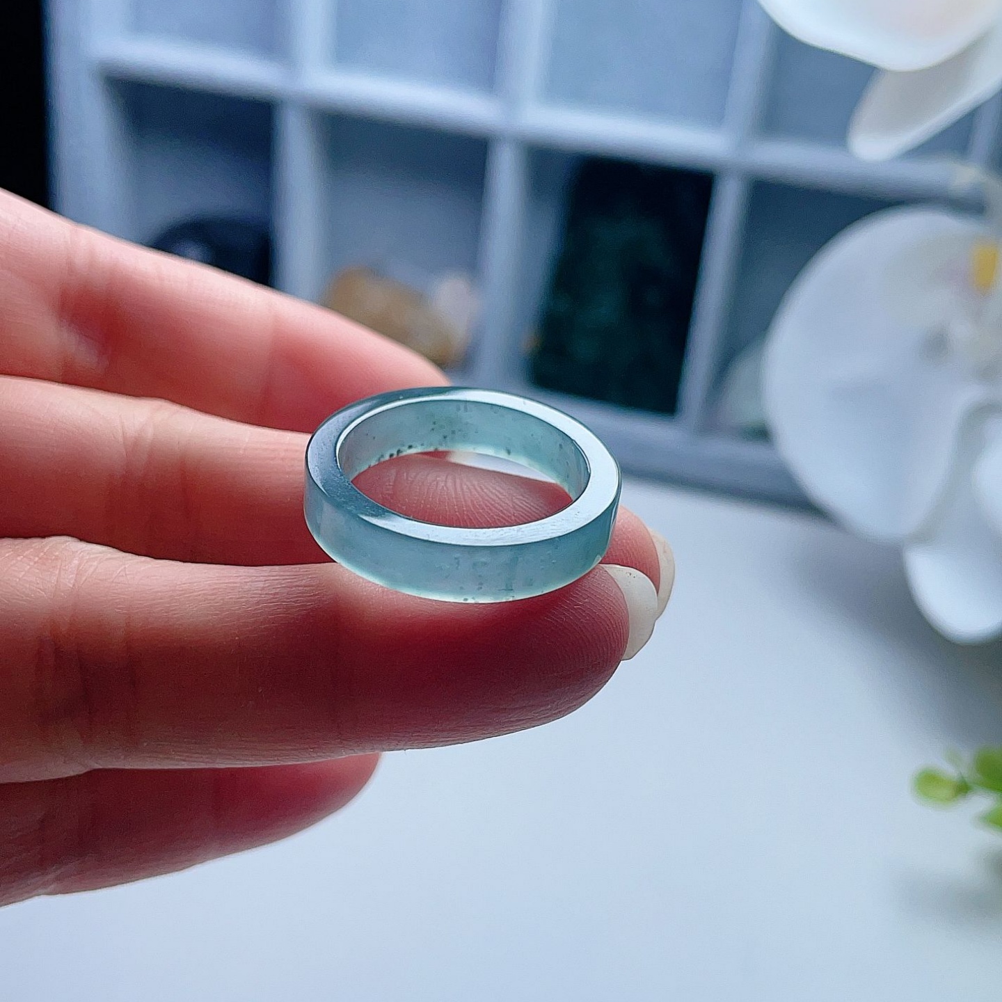 A货翡翠方戒指天空海蓝绿飘乌鸡19.6mm天然老坑玉指环意境清新21#