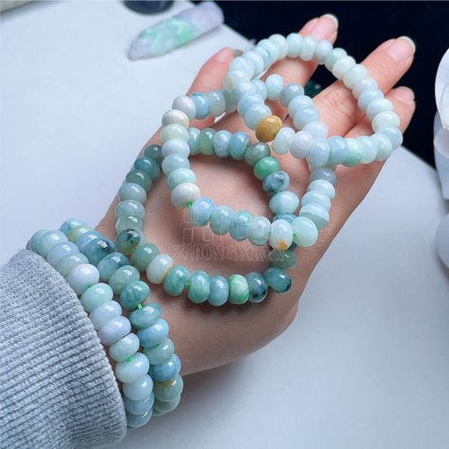天然翡翠算盘珠链乳白飘花淡绿黄