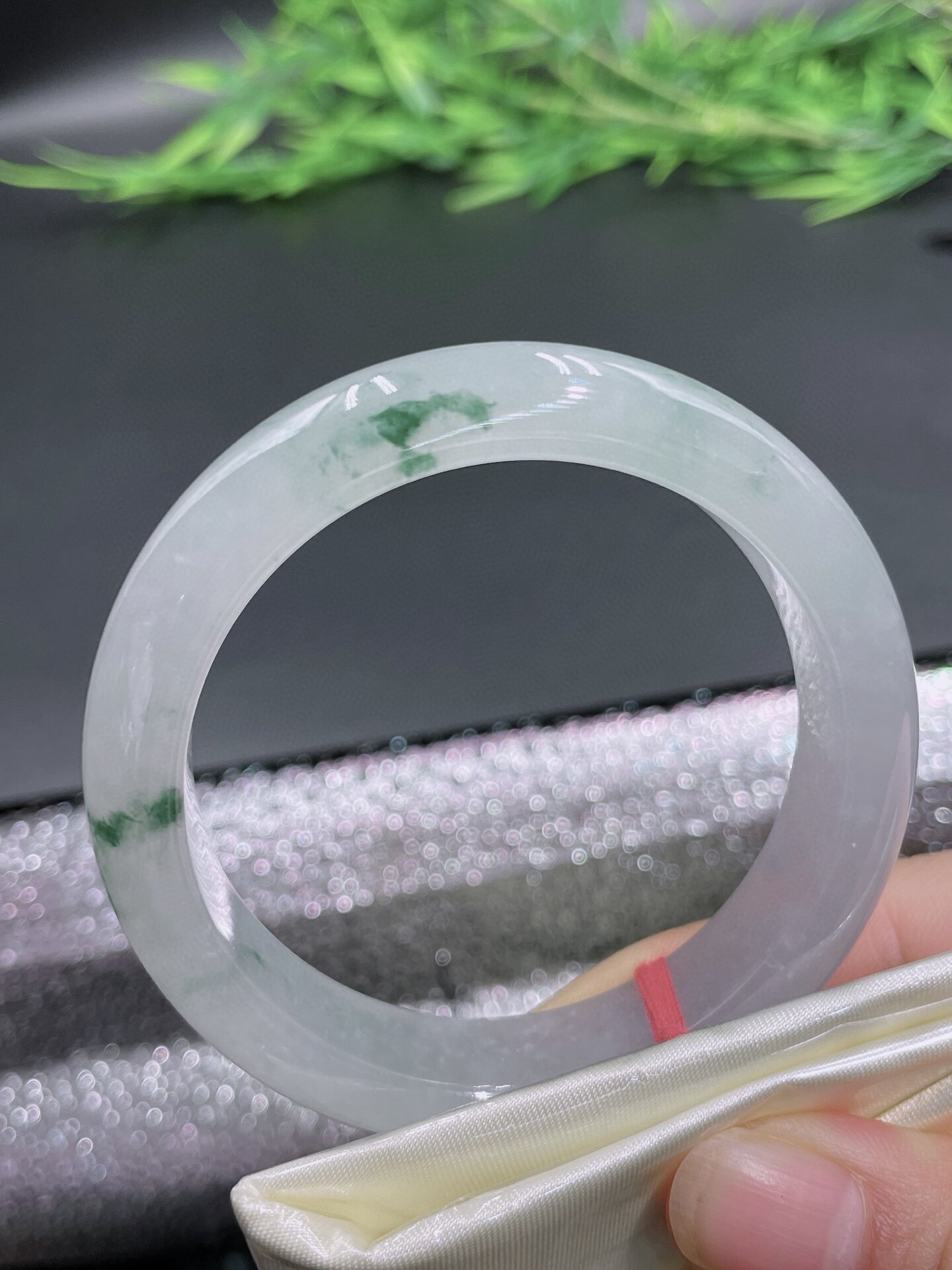 天然A货翡翠手镯冰糯种飘花52.7mm缅甸老坑正圈白底蓝花玉镯小号