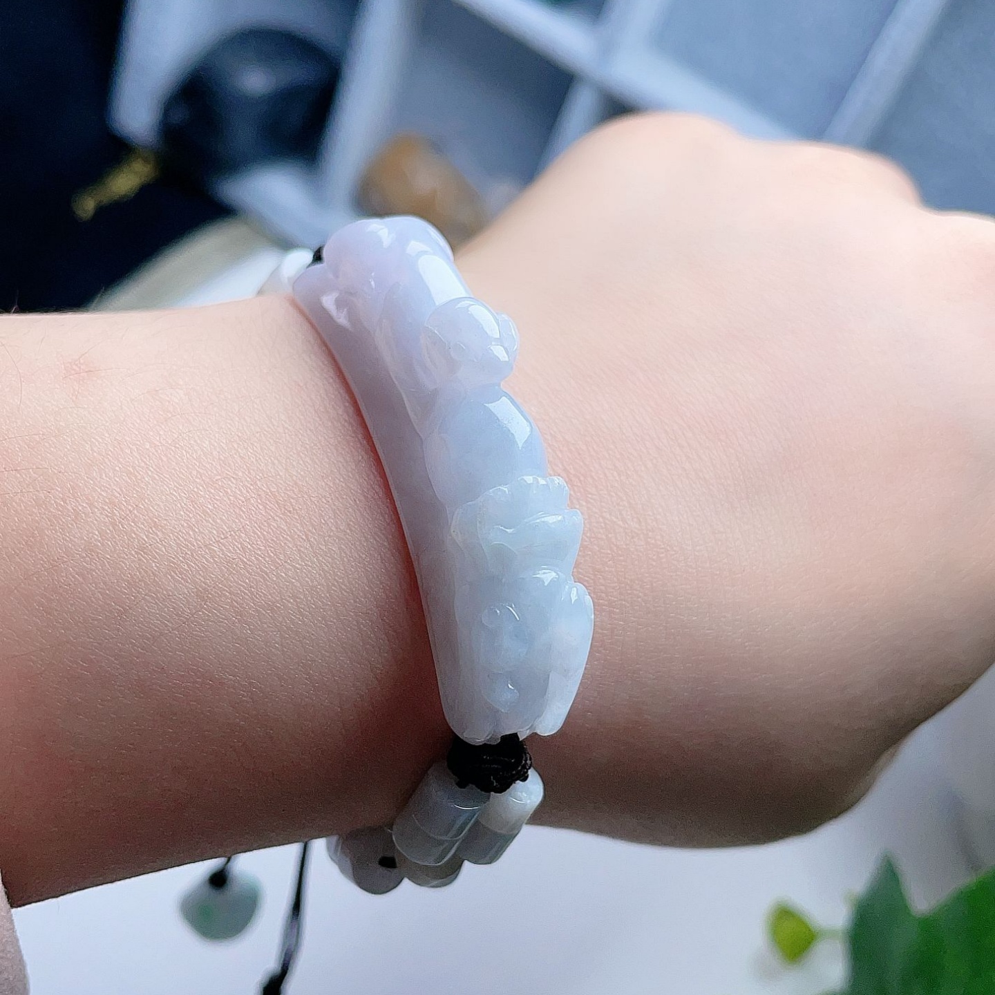 天然翡翠龙头貔貅牌手链乳白吉祥