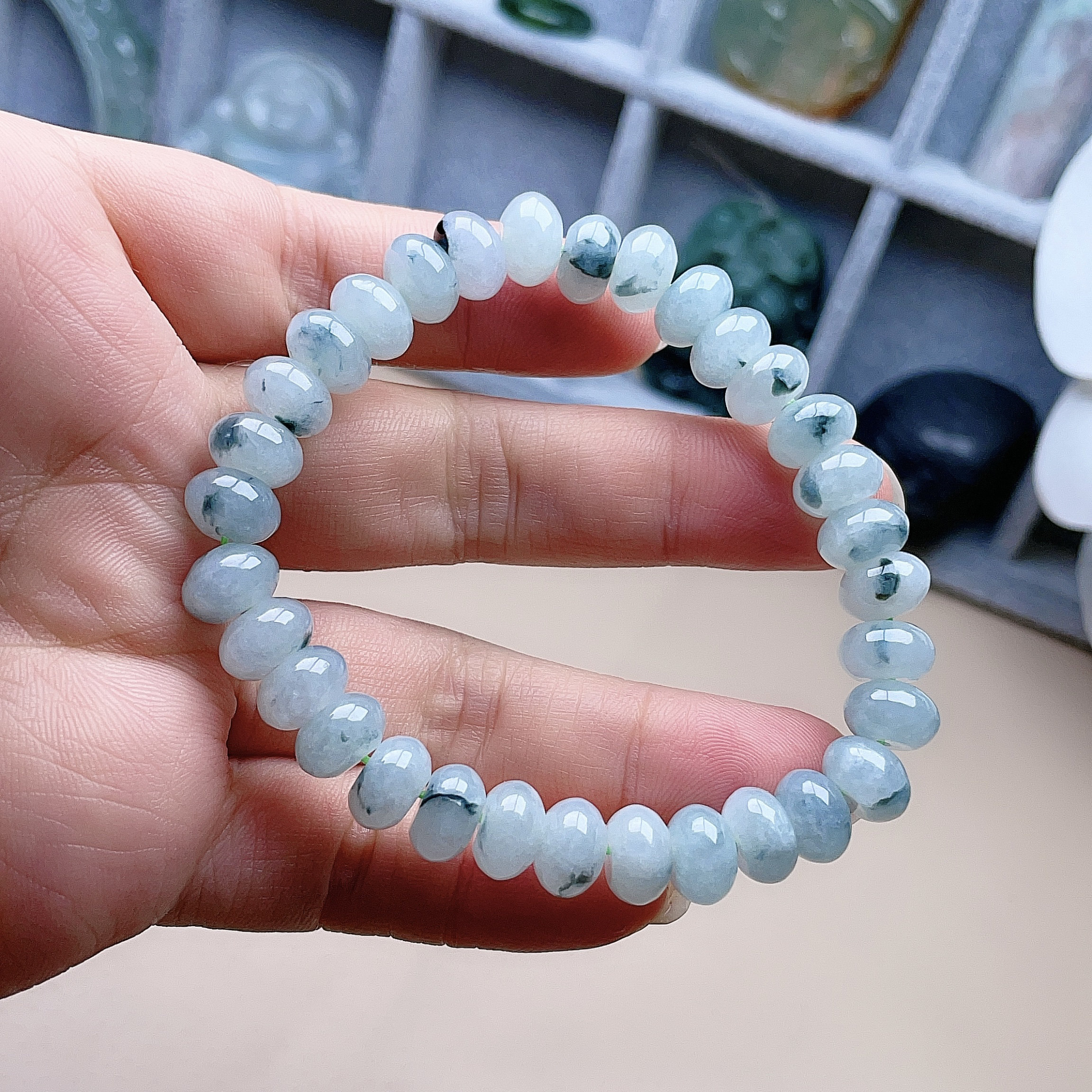 天然翡翠算盘珠手链乳白飘花双彩