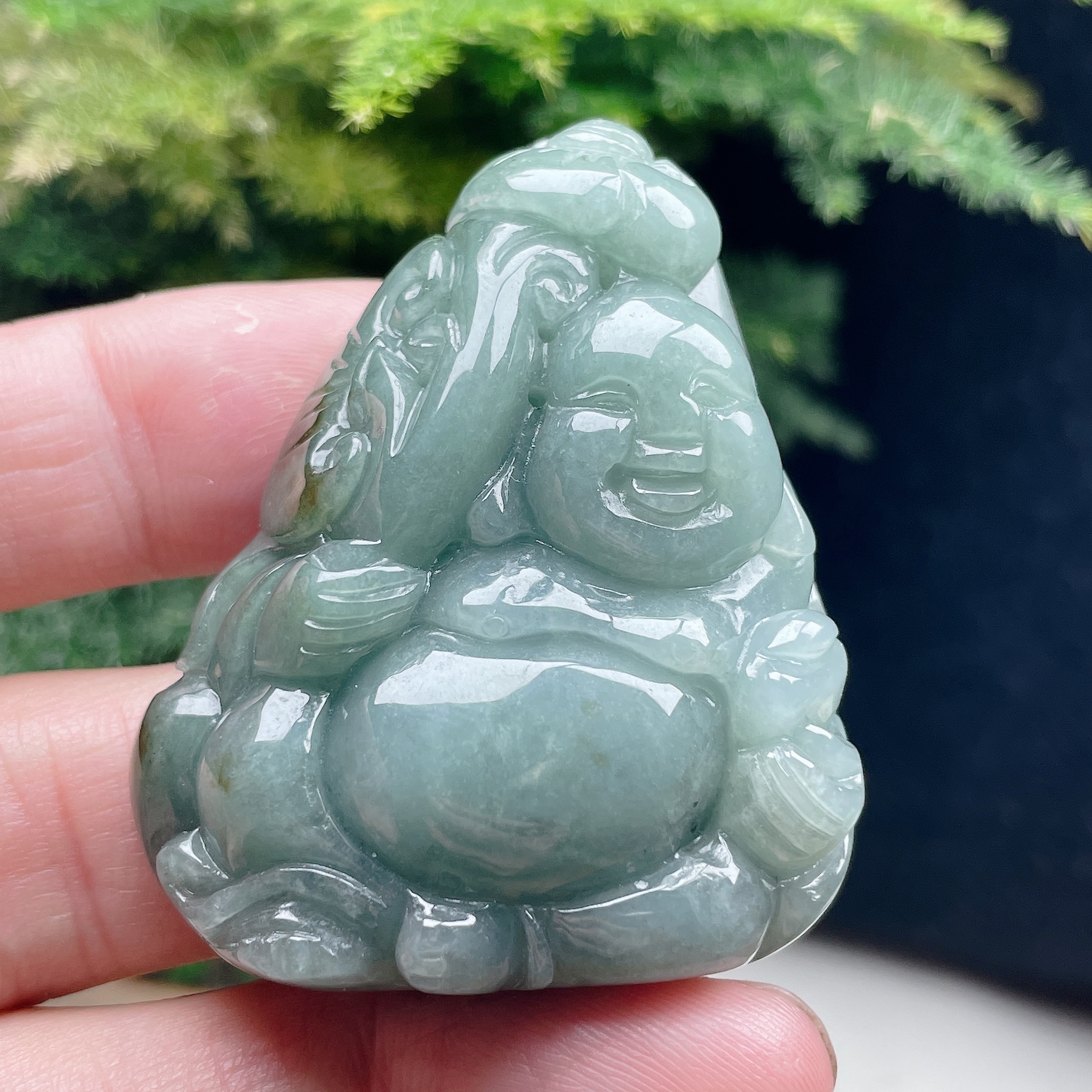 老坑天然a货冰糯种翡翠满绿布袋佛吊坠招财进宝如意笑佛手把件