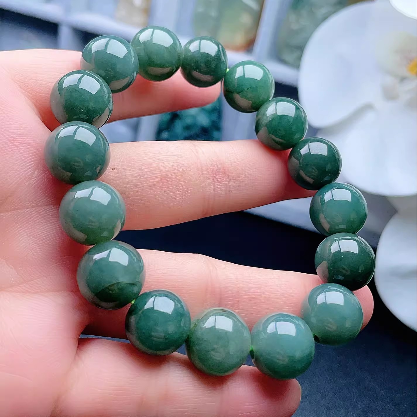 天然翡翠圆珠手链油青深色转运珠