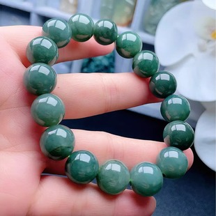 天然A货翡翠油青手链13mm缅甸老坑圆珠手串念珠深色转运珠