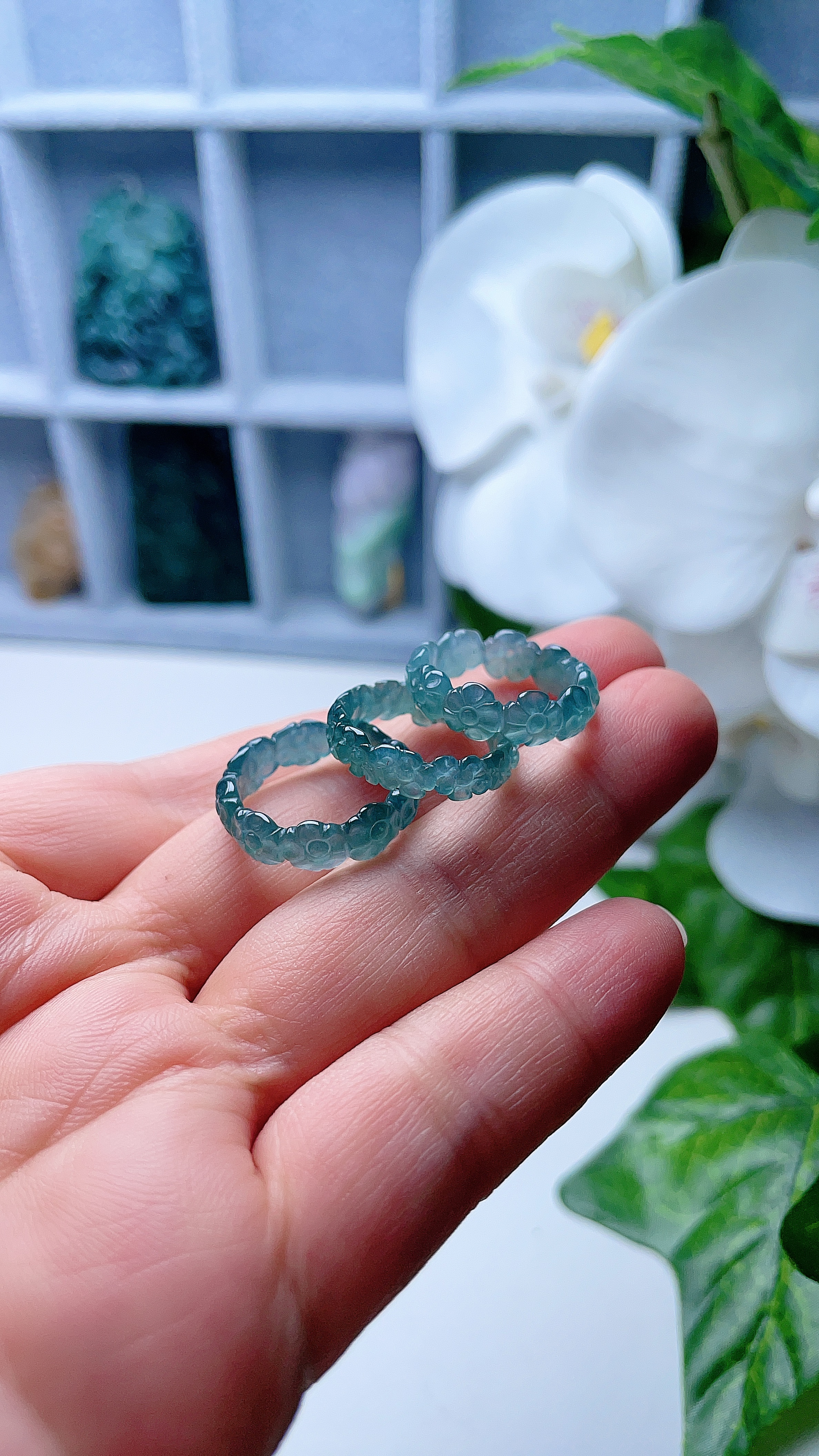 翡翠晴蓝水有钱花戒指天然老坑雕刻花指环优雅清新百搭幸运圈