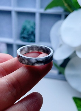 天然A货翡翠方戒指乳白飘黑双彩飘花22.9mm缅甸老坑玉指环意境31#