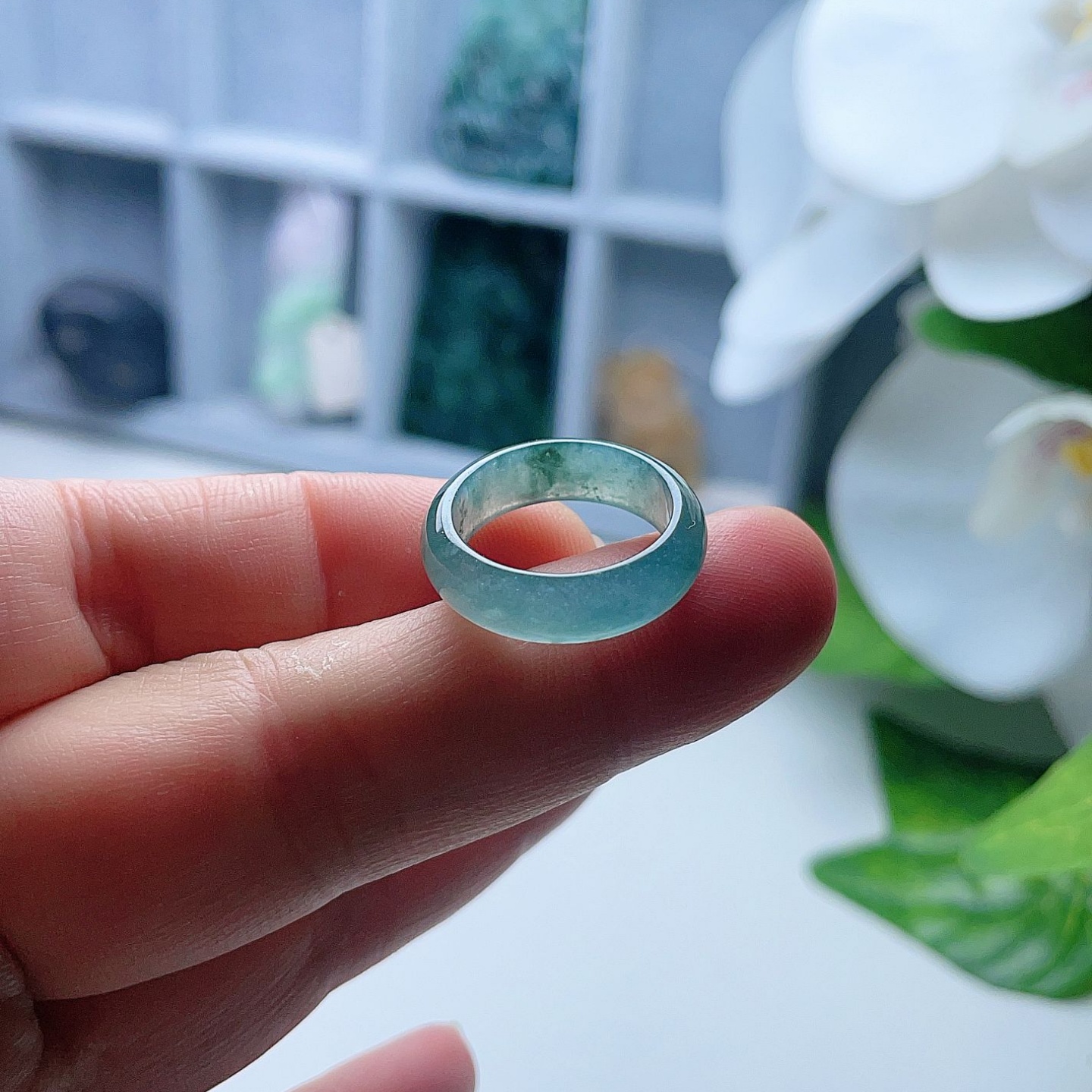 天然翡翠宽边戒指晴水绿飘花意境